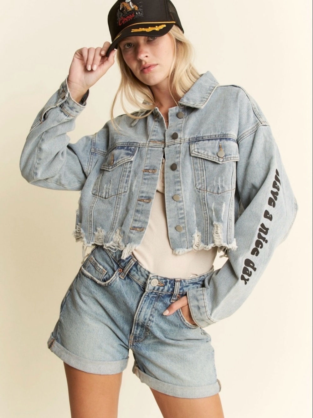Be Happy Cropped Light Wash Denim Jacket - Yellow Smiley - Picture 2 of 2